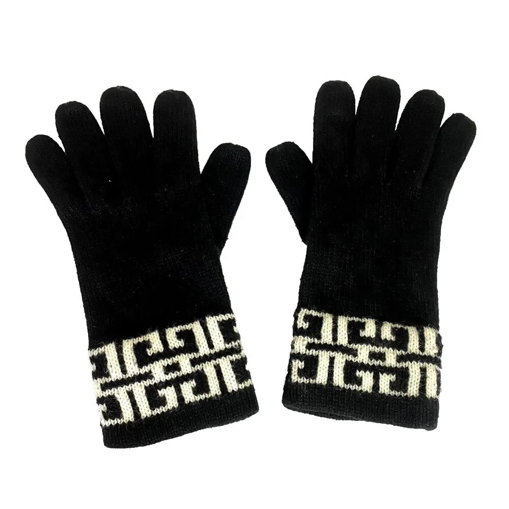 Isotoner Vintage Acrylic Knit Gloves One Size Black Geometric White Design